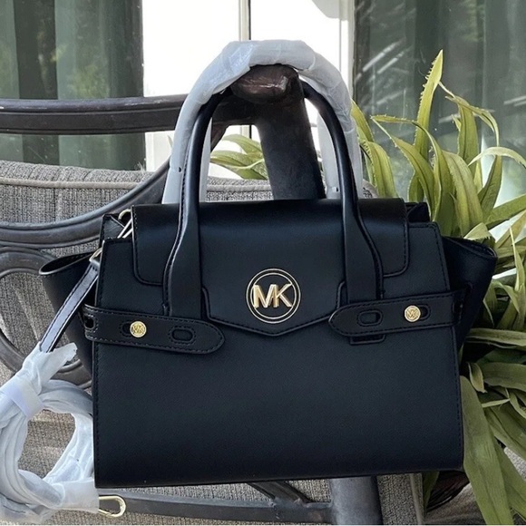 Michael Kors Handbags - NWT MICHAEL KORS CARMEN MEDIUM FLAP SATCHEL SHOULDER BAG MK BLACK VEGAN LEATHER
